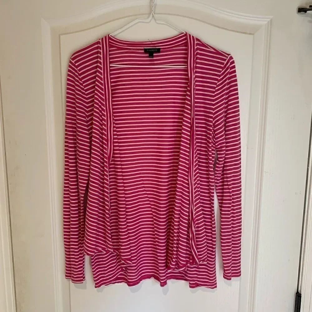 Talbots pink and white striped cardigan